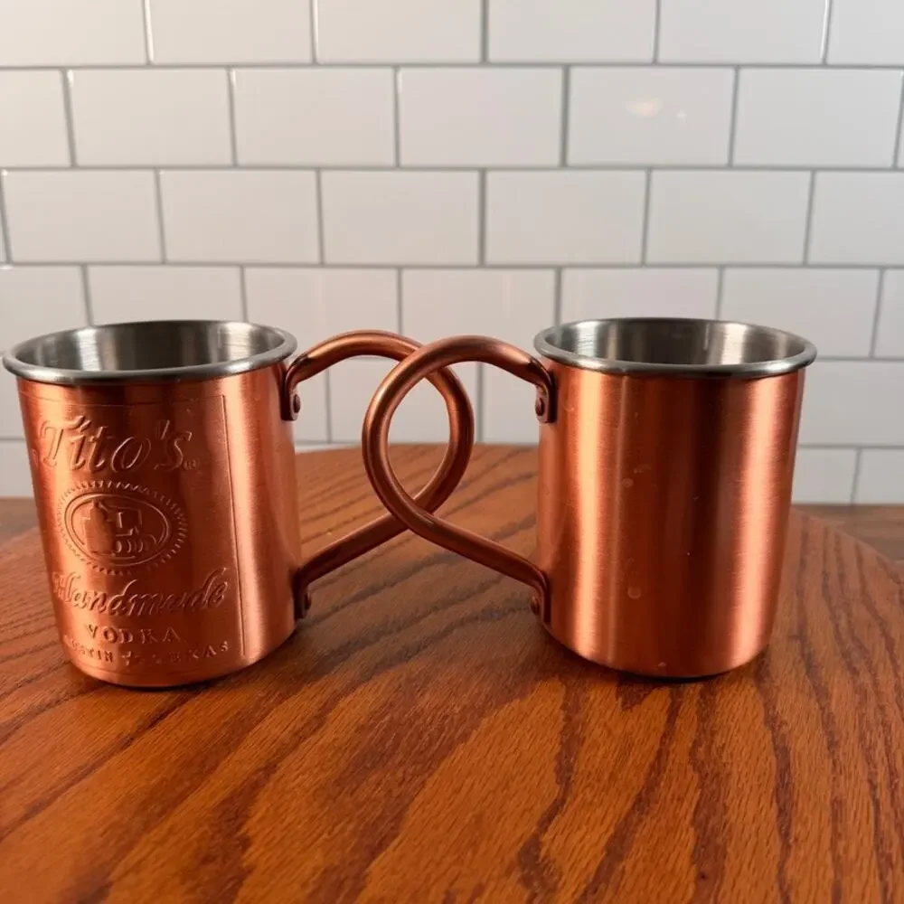 Pair of Tito's Handmade Vodka Copper Moscow Mule Mugs Lined 12oz